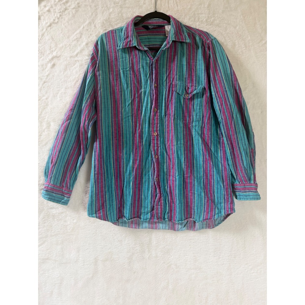 Vintage Woolrich Mens Cotton Striped Button Down Shirt Teal Magenta 2635 NC